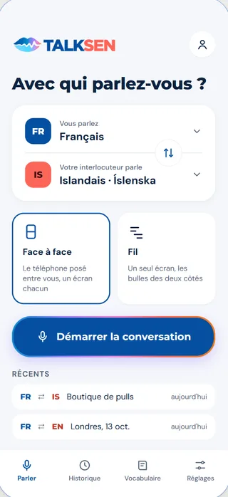 Écran d’accueil : choix des deux langues