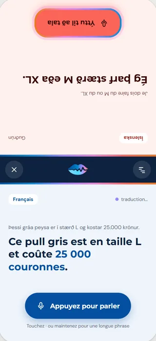 Mode face à face de TALKSEN : l’écran partagé en deux, une moitié retournée