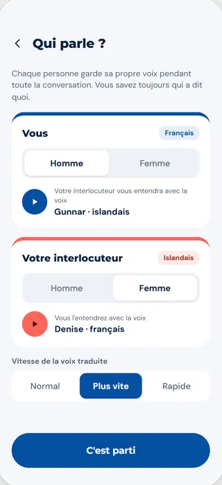 Écran Qui parle ? : choix d’une voix d’homme ou de femme