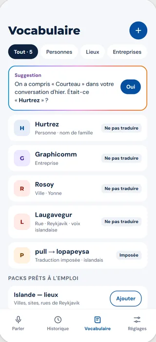 Écran Vocabulaire : noms propres protégés
